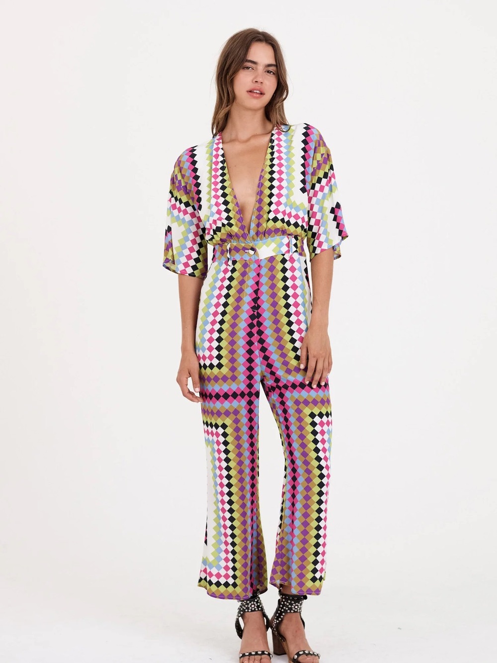 New Lenny Geometric Deep V Jumpsuit in Pink, Green & Black Funky Festival